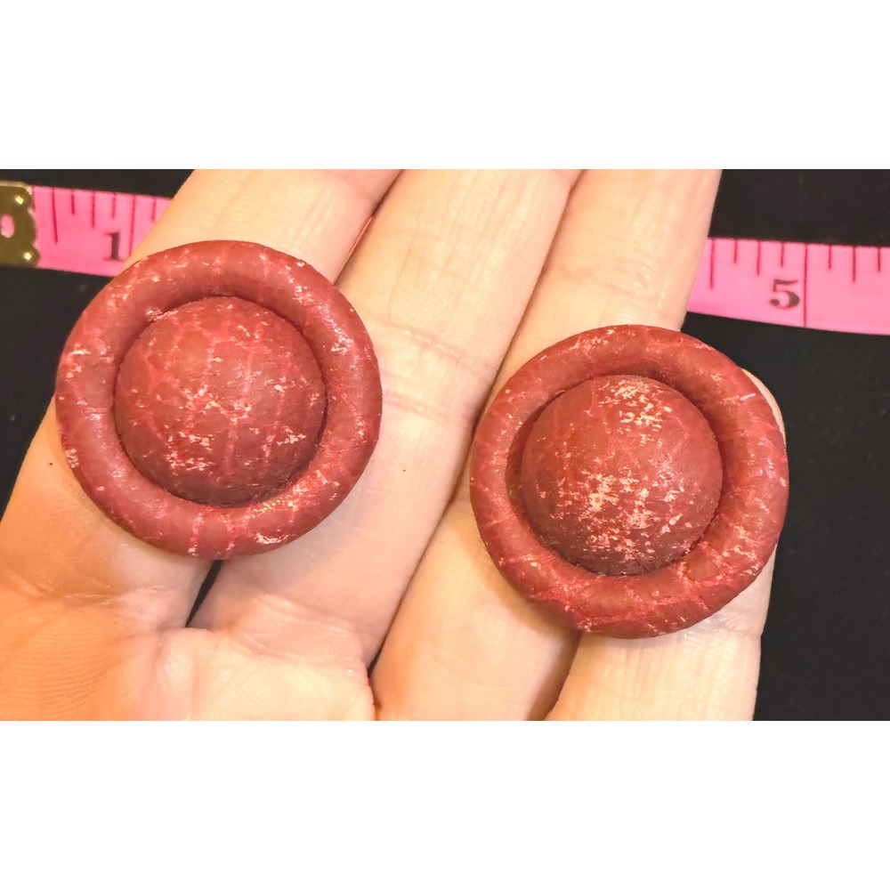Vintage Brick Red Round Button Clip On Earrings Textured Crackle Statement 1.25"